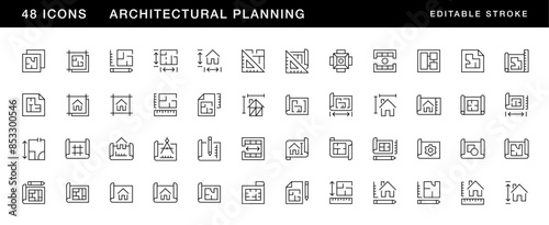 Architectural planning icon collection. Planning, scheme, dimension, project, measurement, floor plan and more. Editable stroke. Pixel Perfect. Grid base 32 x 32.