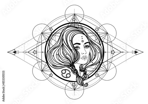 Illustration of Cancer astrology sign as a beautiful girl over sacred geometr...