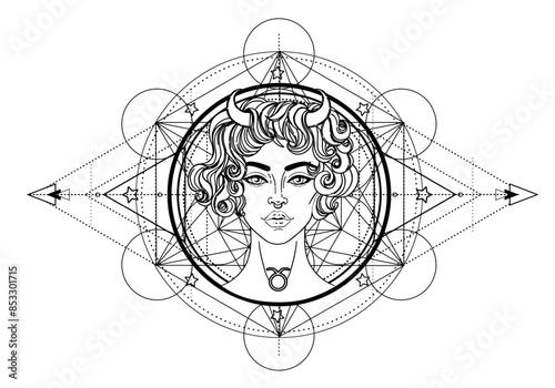 Wallpaper Mural Illustration of Taurus astrology sign as a beautiful girl over sacred geometry frame. Zodiac vector drawing isolated in black and white. Future telling, horoscope, spirituality. Coloring book. Torontodigital.ca