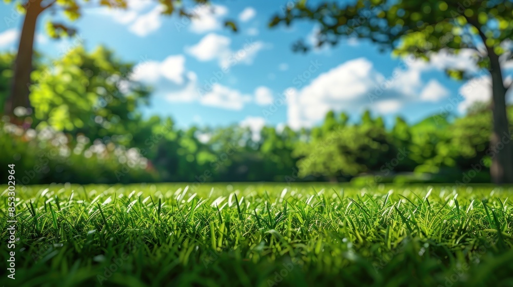 Beautiful blurred background image of spring nature with a neatly trimmed lawn surrounded by trees against a blue sky with clouds AI generated