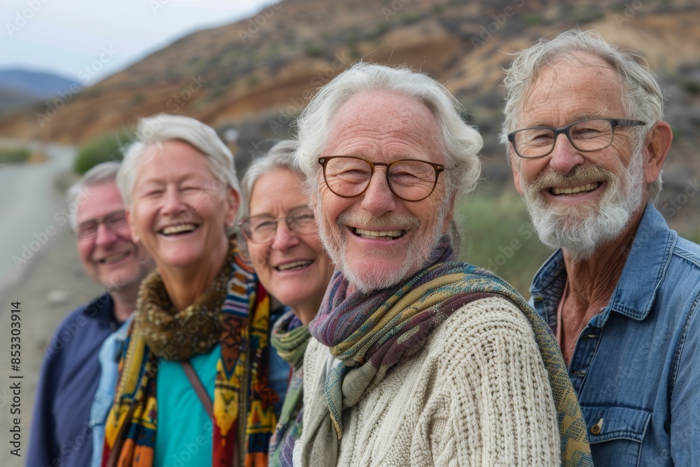 Group of senior friends standing together in the park and smiling at camera Group of senior friends standing together in the park and smiling at camera