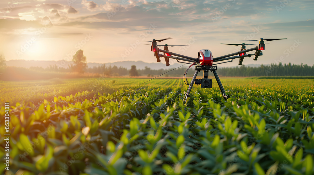 Smart agriculture with drone flying over a field at sunrise Smart agriculture with drone flying over a field at sunrise