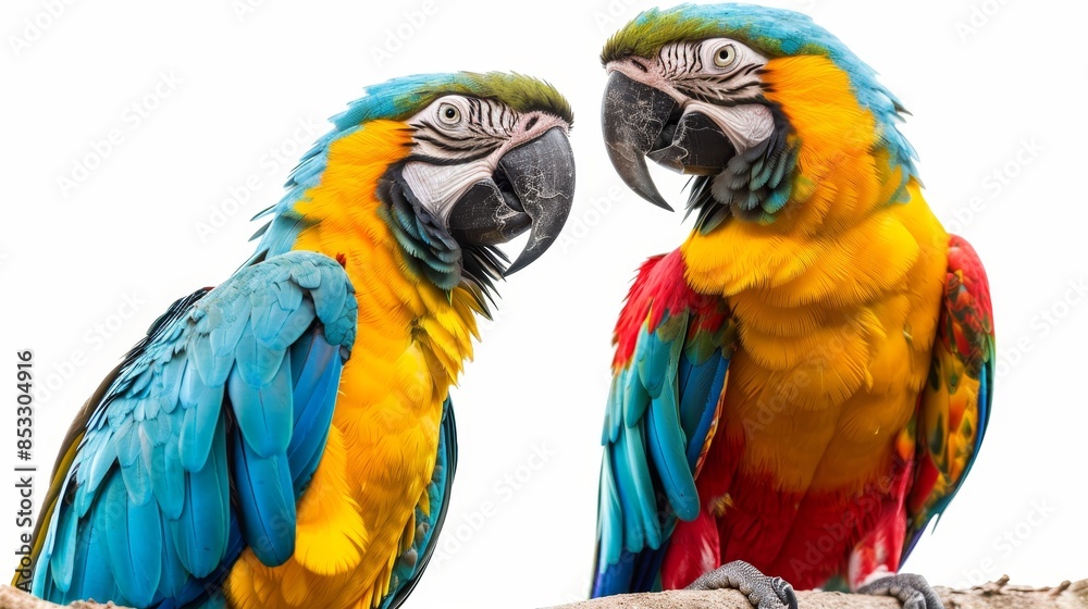 Two parrots birds couple isolated on white wallpaper background Two parrots birds couple isolated on white wallpaper background