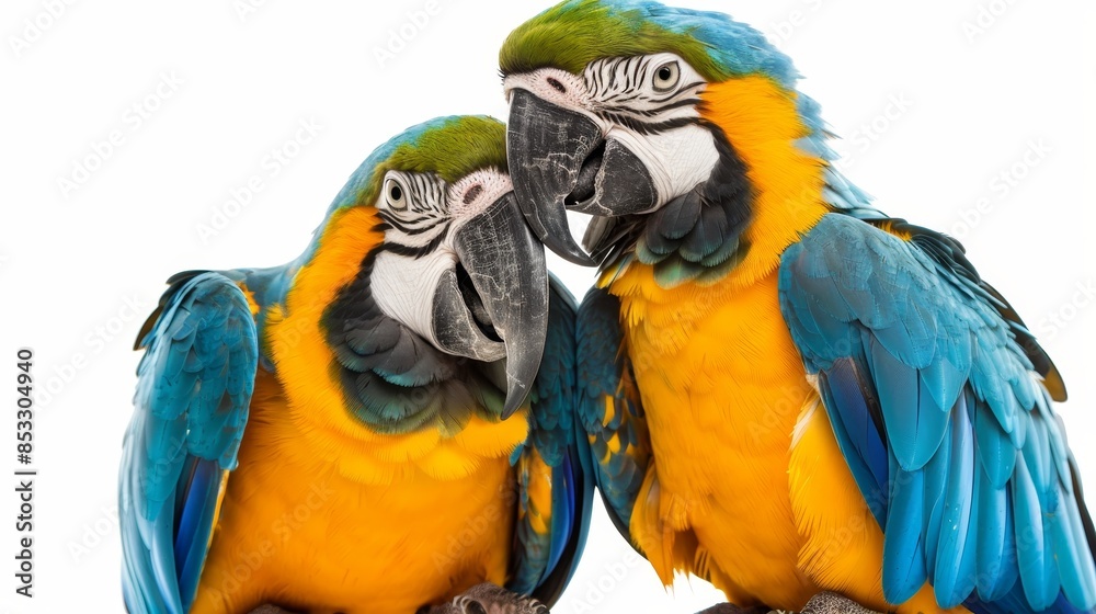 Two parrots birds couple isolated on white wallpaper background Two parrots birds couple isolated on white wallpaper background