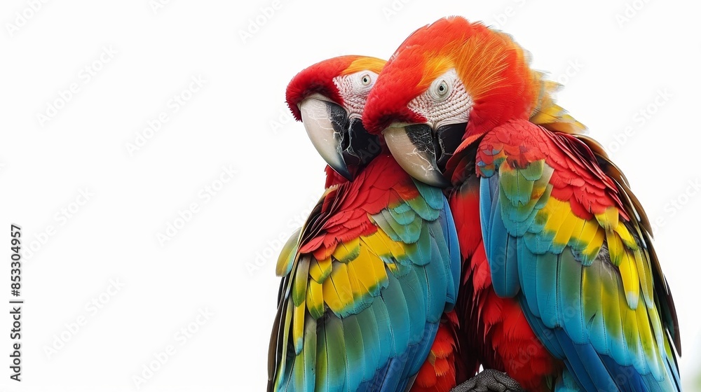 Obraz premium Two parrots birds couple isolated on white wallpaper background