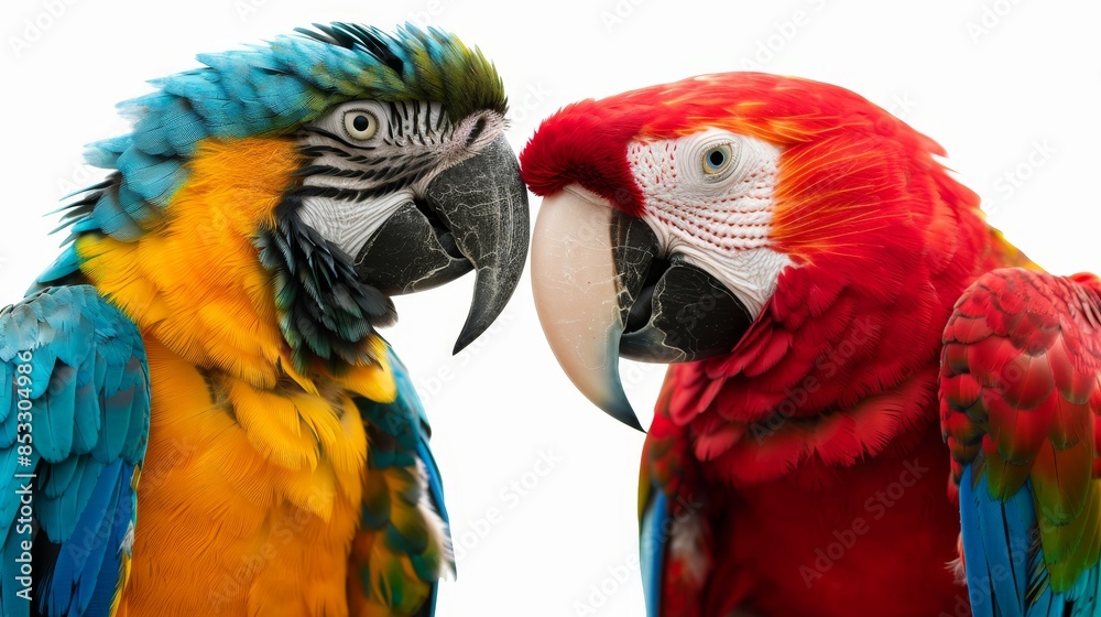 Fototapeta premium Two parrots birds couple isolated on white wallpaper background