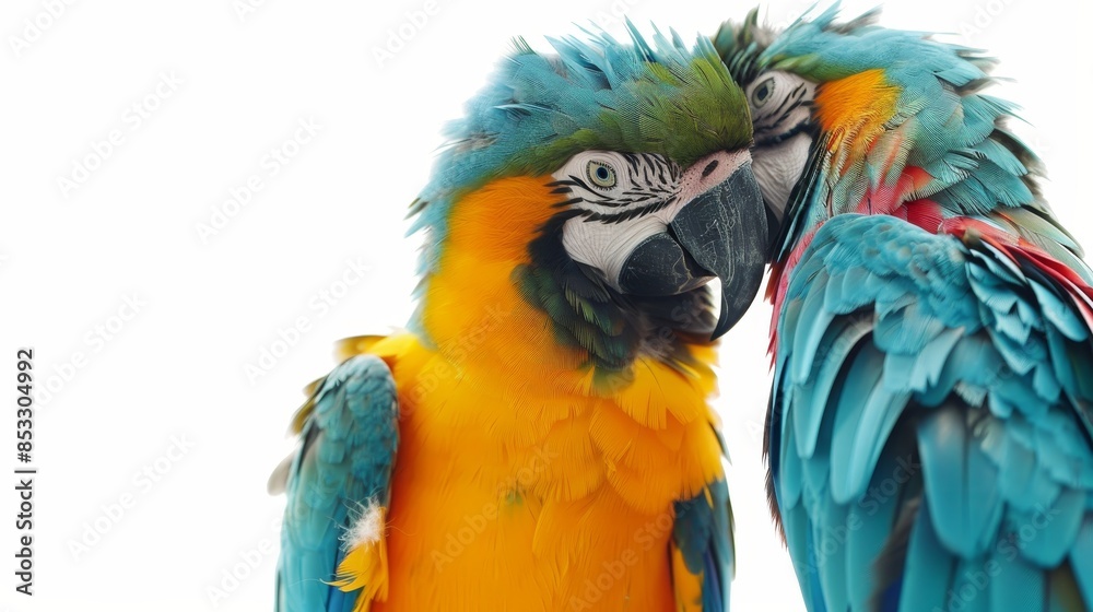 Obraz premium Two parrots birds couple isolated on white wallpaper background