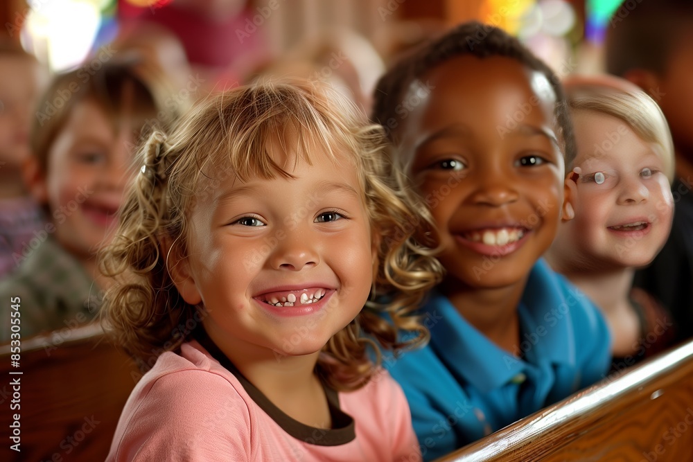 Happy Children Smiling In A Church Pew Happy Children Smiling In A Church Pew