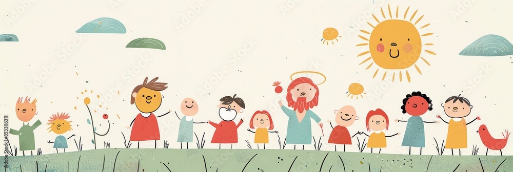 A bright and friendly illustration of Jesus telling parables to children, with smiling faces and a sunny background. This scene is perfect for a children's Bible magazine cover, featuring cheerful A bright and friendly illustration of Jesus telling parables to children, with smiling faces and a sunny background. This scene is perfect for a children's Bible magazine cover, featuring cheerful