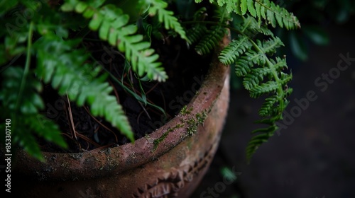 Close-up of a leatherleaf fern in a rustic clay pot, rich soil visible, deep forest tones.  photo