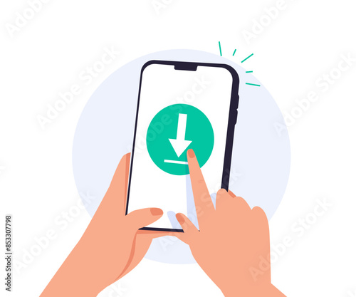 Download the app. Mobile phone in hand with download data to cloud computing concept for file sharing and data transfer