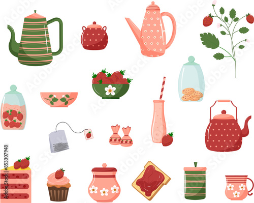 Set of illustrations with strawberries. Fresh berries, tea, strawberry smoothie. Set of teapots and cups. Cute teaware. Vector illustration
