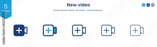 Add new video icon set, Camera video icon plus symbol ; create media, meeting room icons ; add video streaming icon or upload movie sign - video camera plus icon