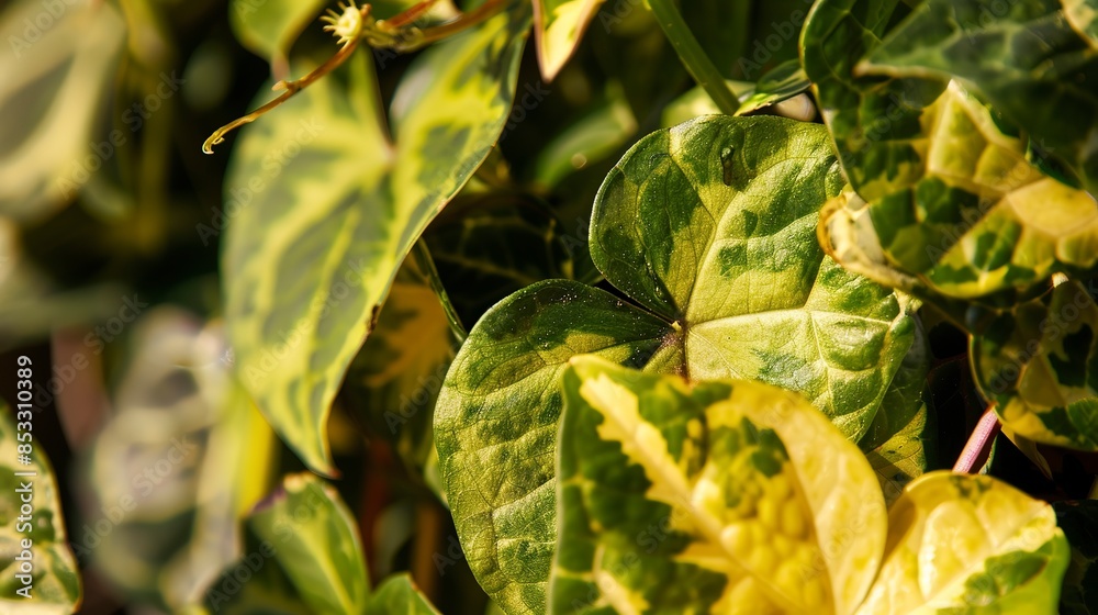 Close-up of devil's ivy, bright sunlight, macro photography, heart-shaped leaves, vibrant variegation. Close-up of devil's ivy, bright sunlight, macro photography, heart-shaped leaves, vibrant variegation.