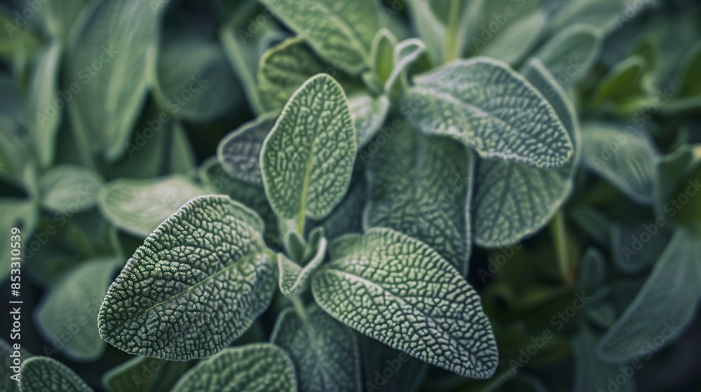 Focused view of sage leaves, gentle dusk light, macro shot, soft silver-green, intricate vein patterns. Focused view of sage leaves, gentle dusk light, macro shot, soft silver-green, intricate vein patterns.