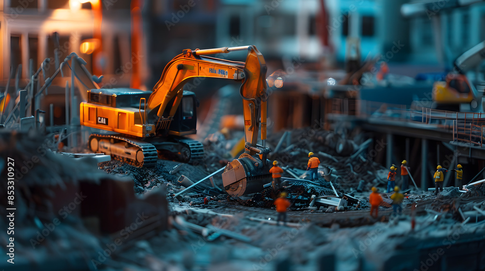 A construction site with a crane and a dump truck A construction site with a crane and a dump truck