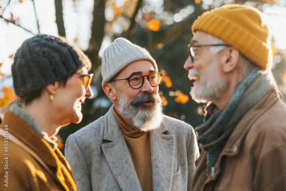 Group of senior friends having fun in autumn park. Bearded man and woman walking in the park. Group of senior friends having fun in autumn park. Bearded man and woman walking in the park.