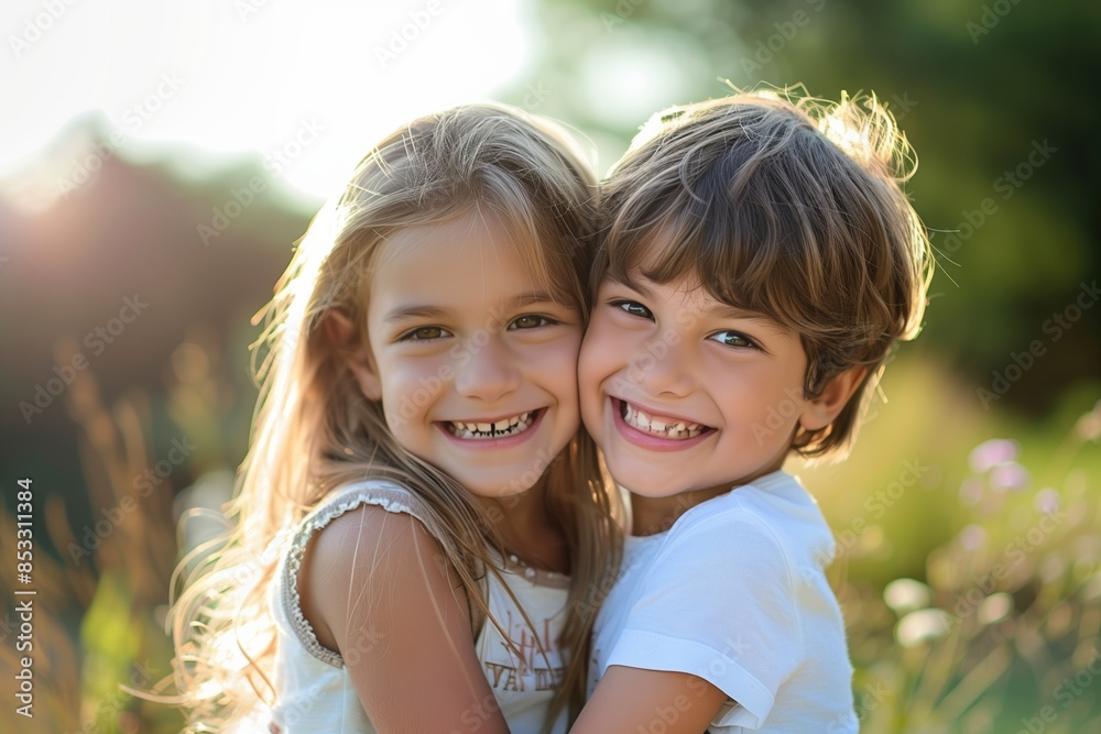 Happy Children Smiling and Hugging in a Park on a Sunny Day Happy Children Smiling and Hugging in a Park on a Sunny Day