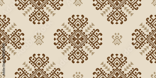 Pattern Ethnic Aztec Thai woven bohemian style design. Brown earth tone vintage Ikat embroidery textured damask ogee wallpaper border hand drawn vector illustration. 