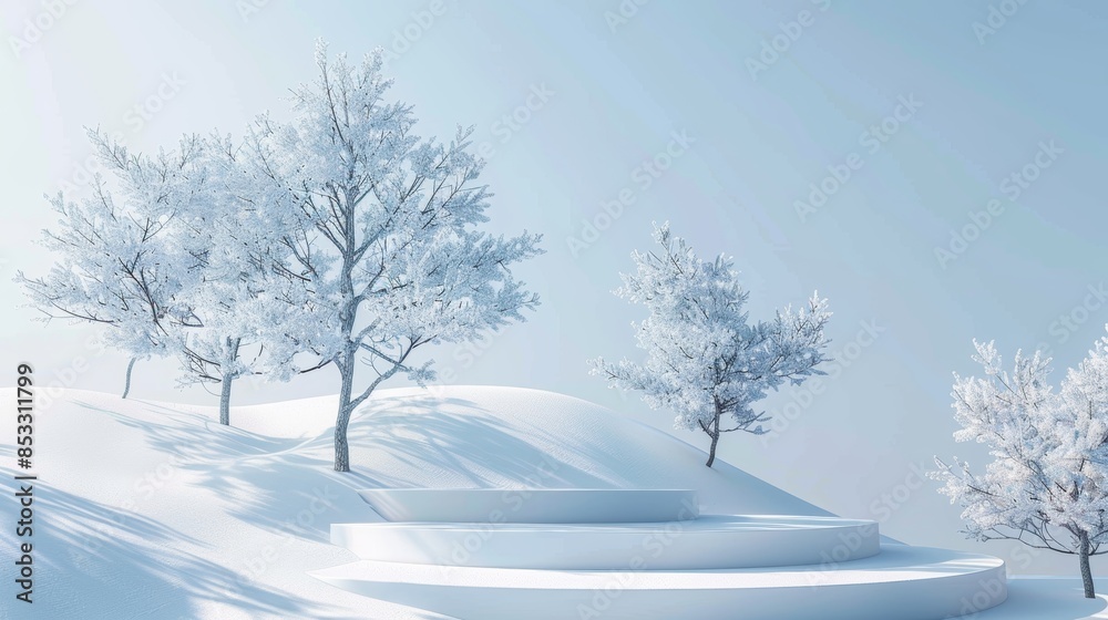 Snow-covered landscape with minimalist white platforms and frosty trees, creating a serene winter scene.