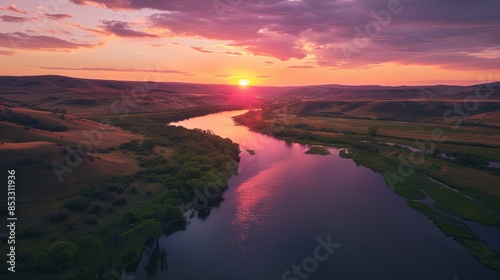 Overhead drone shot of Snake River at sunset near Huntington, Oregon - 9