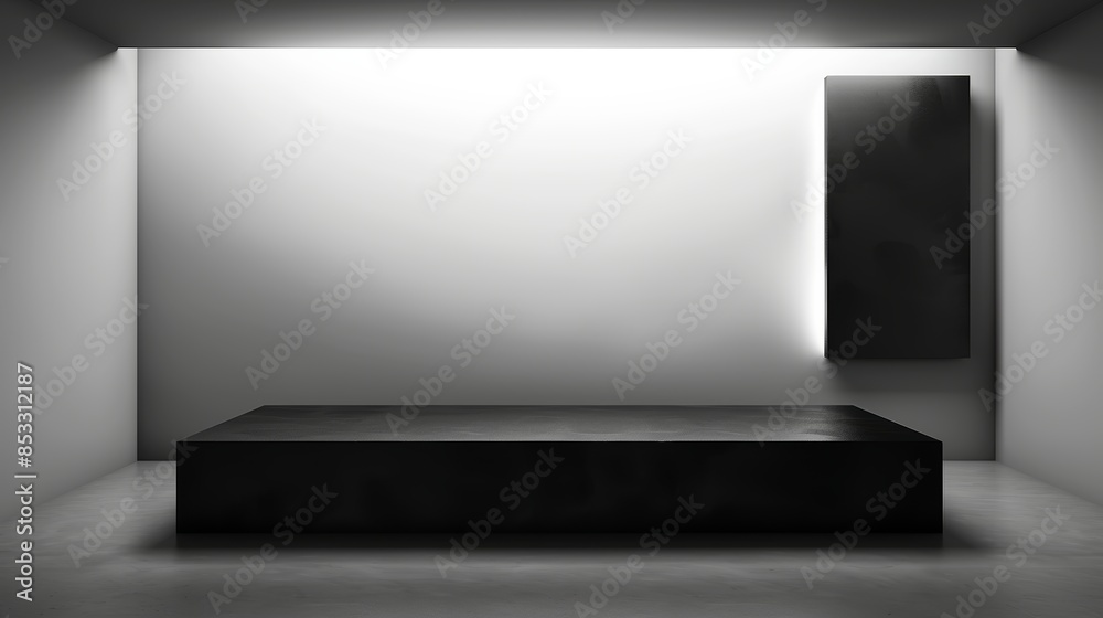 Minimalist black and white interior with a modern rectangular platform and abstract wall art. Perfect for contemporary design concepts.
