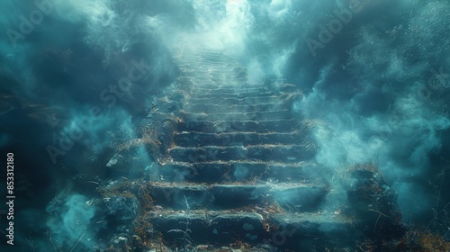 Underwater steps leading to a mystical destination, surrounded by ethereal blue light and aquatic plants. photo