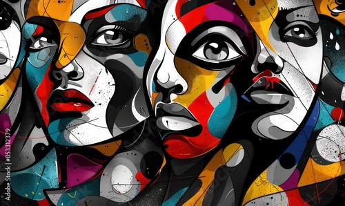 Faces collage black and white and colours elements, psychology, stress wallpaper. Abstract poster. .