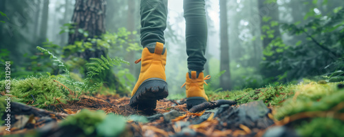 Close-up of person feet hiking in the woods.