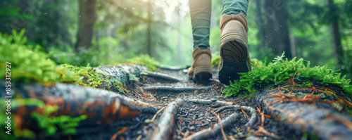 Close-up of person feet hiking in the woods. photo