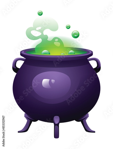 witch cauldron with green bubbling potion. Vector cartoon illustration isolated on white background