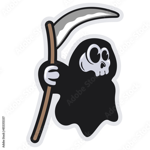 halloween vector cartoon illustration of a grim reaper carrying a huge scythe in a cute style, work of hand drawn