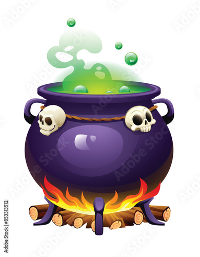 Witch cauldron with skulls and green bubbling potion over a fire. Vector cartoon illustration isolated on white background