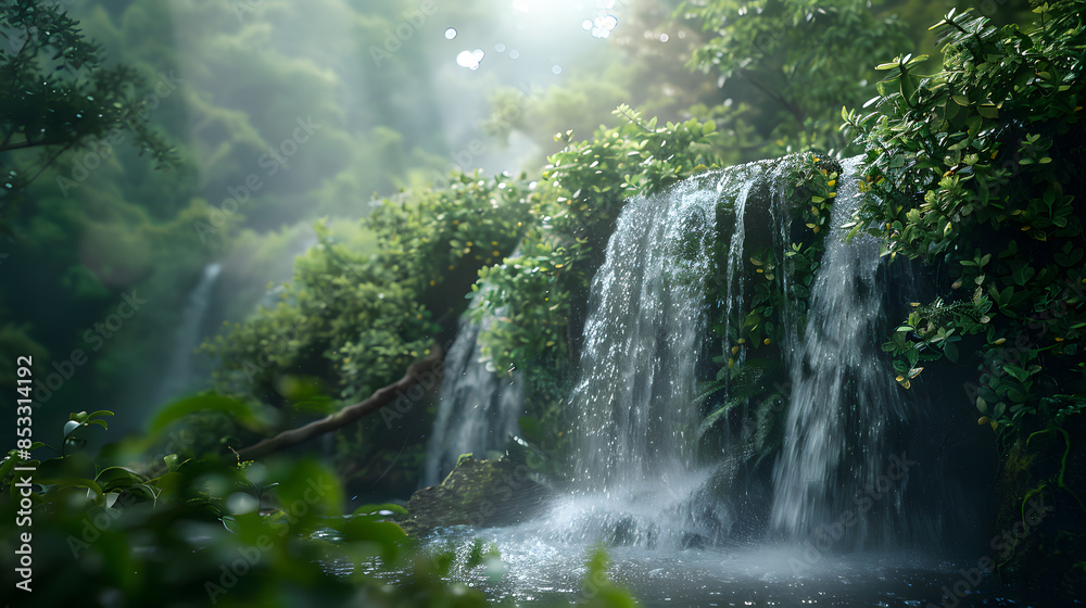 A waterfall surrounded by lush green trees A waterfall surrounded by lush green trees