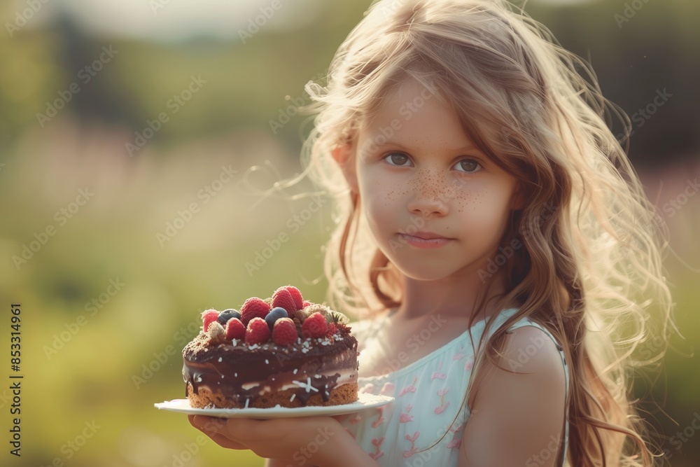 Young Girl Holding Chocolate Cake With Raspberries Outdoors in Summer Young Girl Holding Chocolate Cake With Raspberries Outdoors in Summer