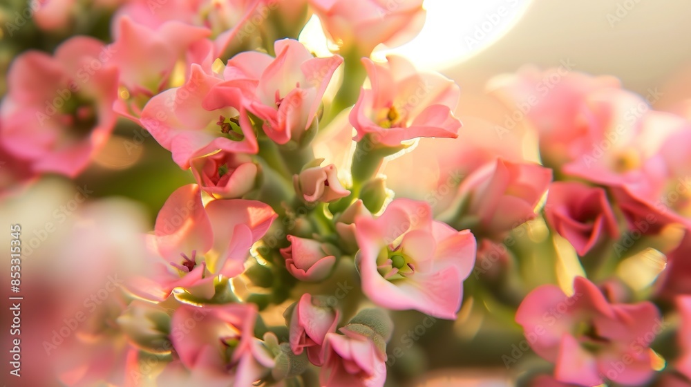 Detailed view of kalanchoe flowers, soft afternoon light, macro shot, bright pink blooms, intricate details. - Detailed view of kalanchoe flowers, soft afternoon light, macro shot, bright pink blooms, intricate details. -