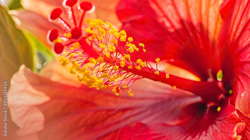 Detailed view of hibiscus flower, soft afternoon light, macro shot, bright red petals, intricate stamen detail. Detailed view of hibiscus flower, soft afternoon light, macro shot, bright red petals, intricate stamen detail.
