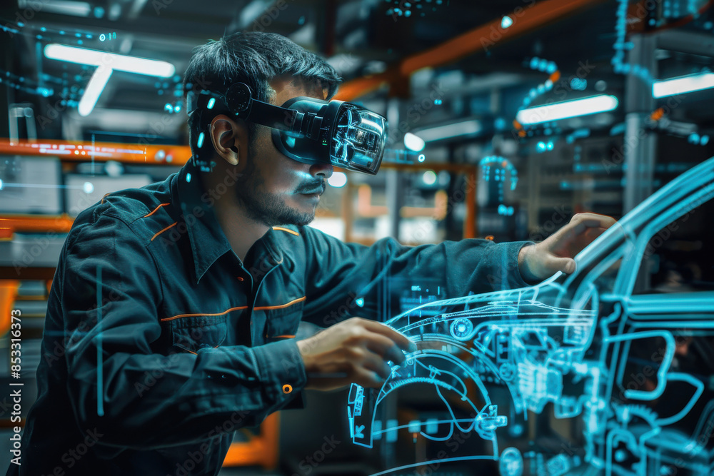 A man in a blue jumpsuit is working on a car with a VR headset on A man in a blue jumpsuit is working on a car with a VR headset on