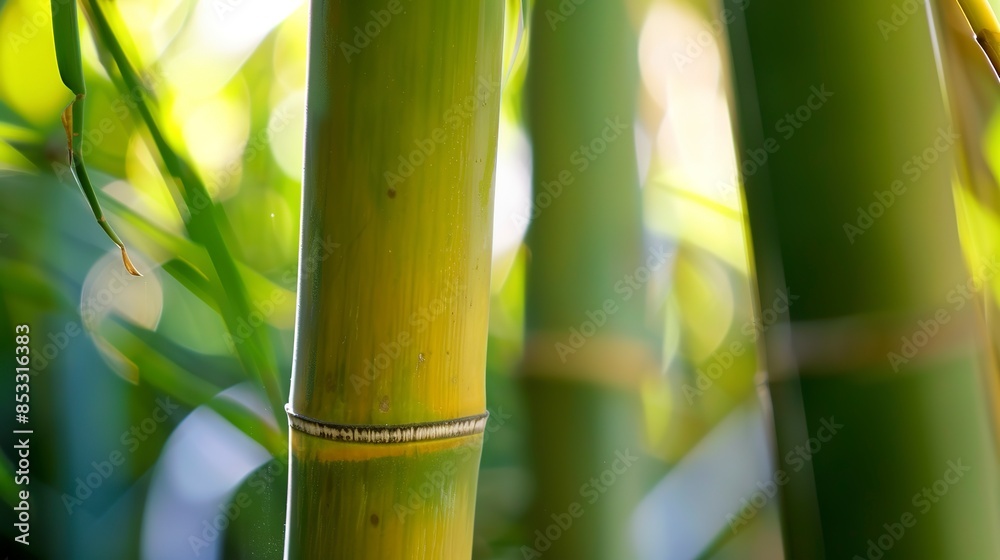 Fototapeta premium Close-up of bamboo shoot, mid-morning light, macro lens, vibrant green, detailed nodes, smooth texture, natural growth. 