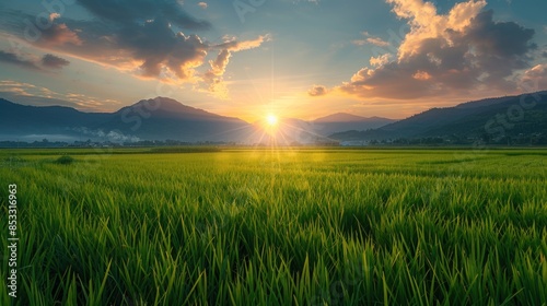 Beautiful sunrise paddy field AI generated #853316963