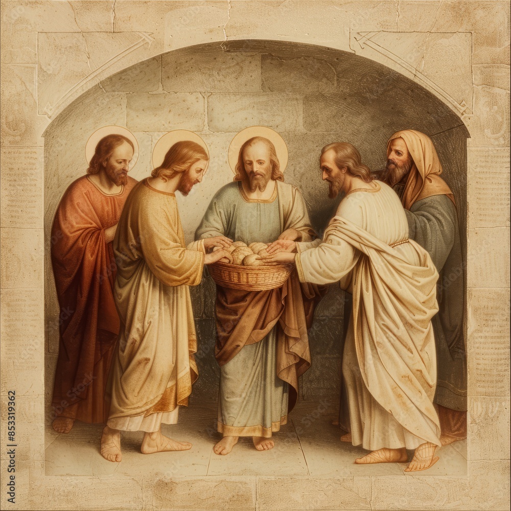 Naklejka premium An antique painting of the Feeding of the 5000, with Jesus blessing the loaves and fishes and crowds gathered around. The artwork is created in the Baroque style, emphasizing rich details and dramatic