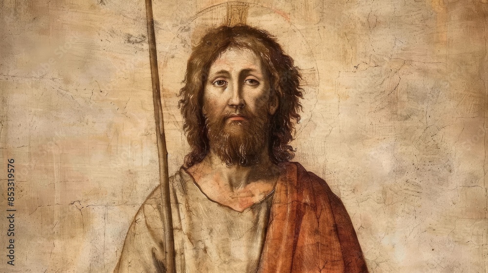 Naklejka premium An antique painting of John the Baptist wearing a camel hair garment, depicting the Saint John theme. He is holding a staff with a cross. The artwork is created in the Baroque style, emphasizing rich