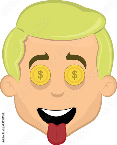 vector illustration face man cartoon blonde, with an ambitious expression, coins in his eyes and his tongue sticking out