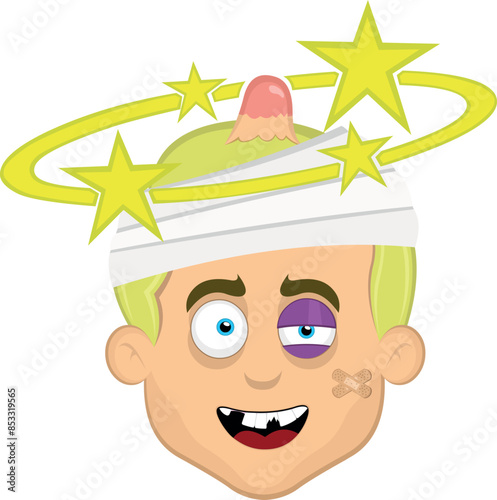 vector illustration face man cartoon blonde and blue eyes, injured with bandages on his head, a black eye, a bump, seeing stars and broken teeth