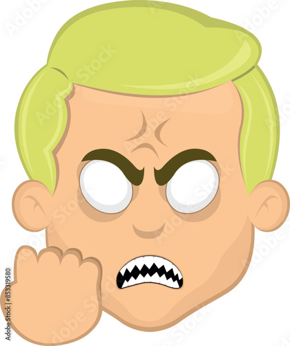 vector illustration face man cartoon blonde with white eyes of angry expression concept, sharp teeth and hand revenge gesture