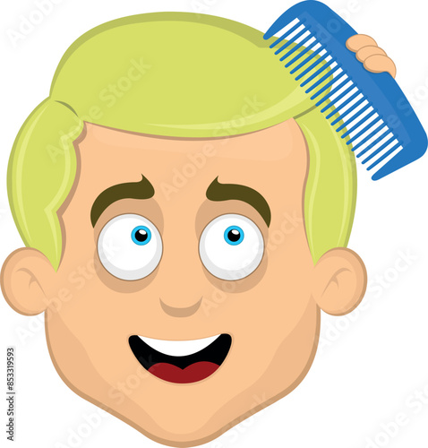 vector illustration face man cartoon blonde and blue eyes, combing her hair with a blue comb