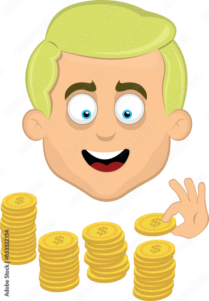 vector illustration face man cartoon blonde and blue eyes, counting a pile of coins vector illustration face man cartoon blonde and blue eyes, counting a pile of coins
