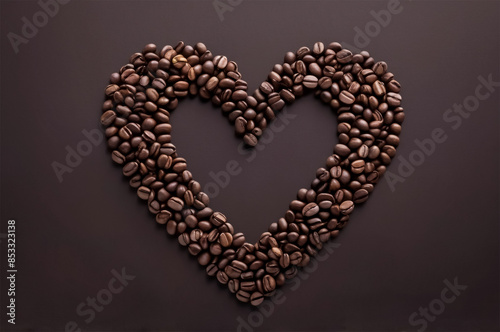 coffee beans arranged in shape of heart on dark brown background