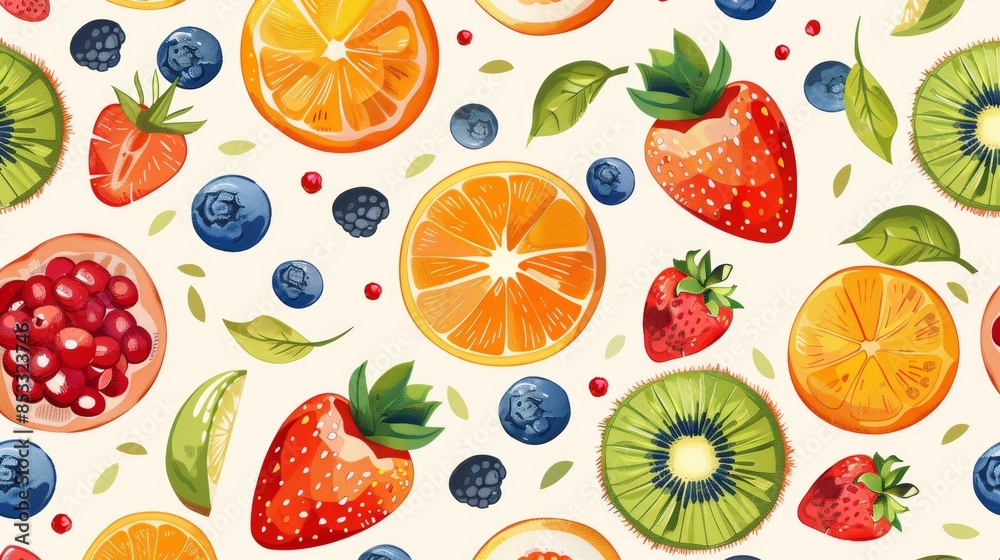 Light background featuring a seamless pattern of colorful fruits such as apples, oranges, blueberries, strawberries, and kiwi, playful and bright Light background featuring a seamless pattern of colorful fruits such as apples, oranges, blueberries, strawberries, and kiwi, playful and bright