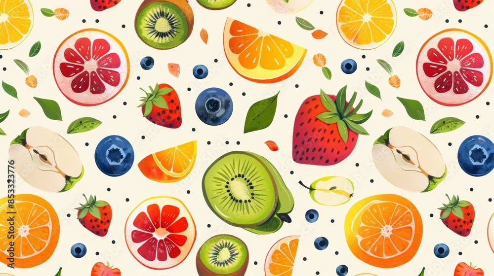 Light background featuring a seamless pattern of colorful fruits such as apples, oranges, blueberries, strawberries, and kiwi, playful and bright Light background featuring a seamless pattern of colorful fruits such as apples, oranges, blueberries, strawberries, and kiwi, playful and bright